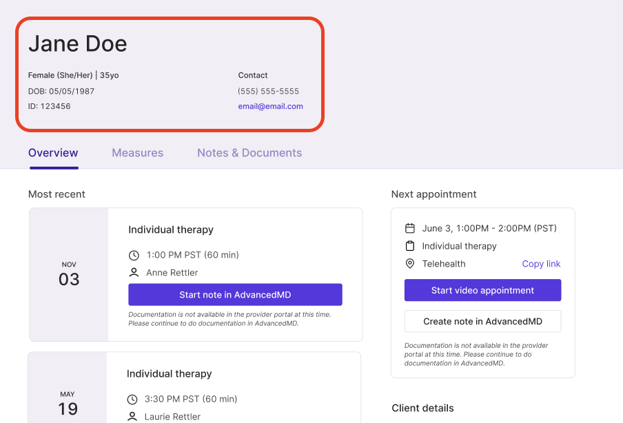 Overview of client charts in the Rula provider portal – Rula Therapist